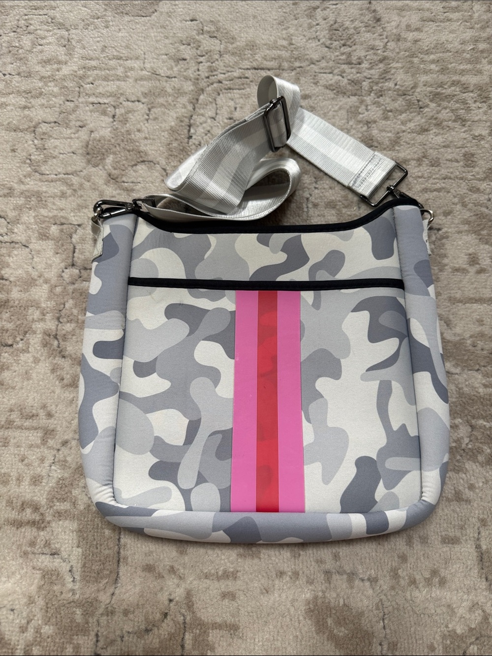 HAUTE SHORE Gray Camo Crossbody with Pink Stripe